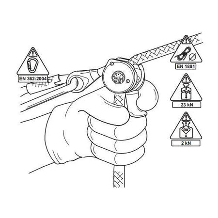 Hand gripping rope access positioner with swivel and rope grab, safety standard icons visible