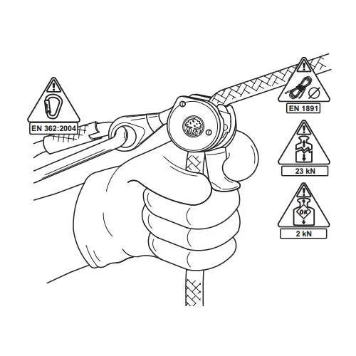 Hand gripping rope access positioner with swivel and rope grab, safety standard icons visible