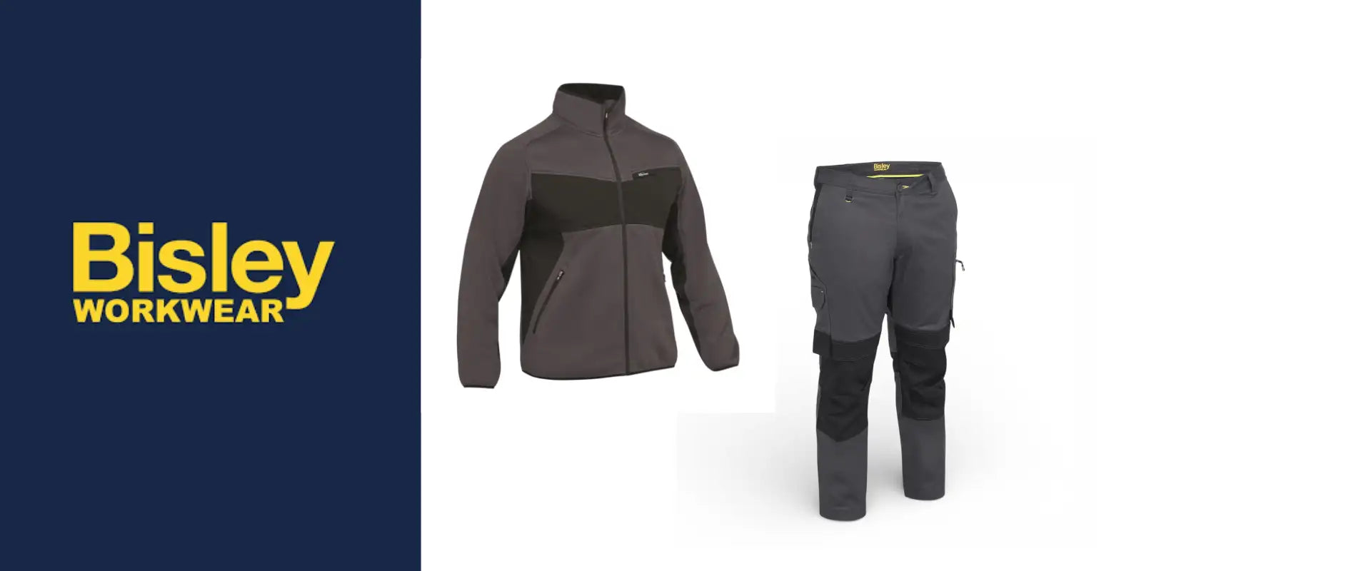 Bisley workwear grey and black two-piece workwear set featuring a fleece jacket with contrasting panels and durable trousers with reinforced knee sections.