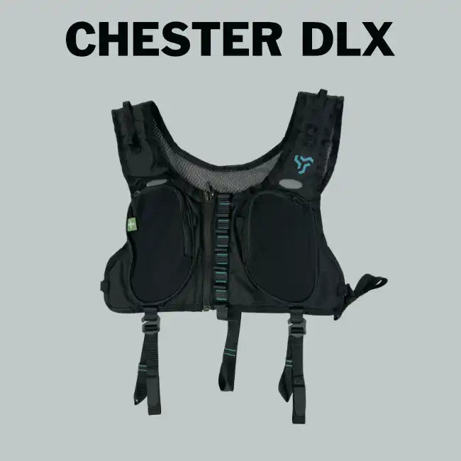 Black personal flotation device (PFD) or buoyancy aid with multiple pockets and adjustable straps.