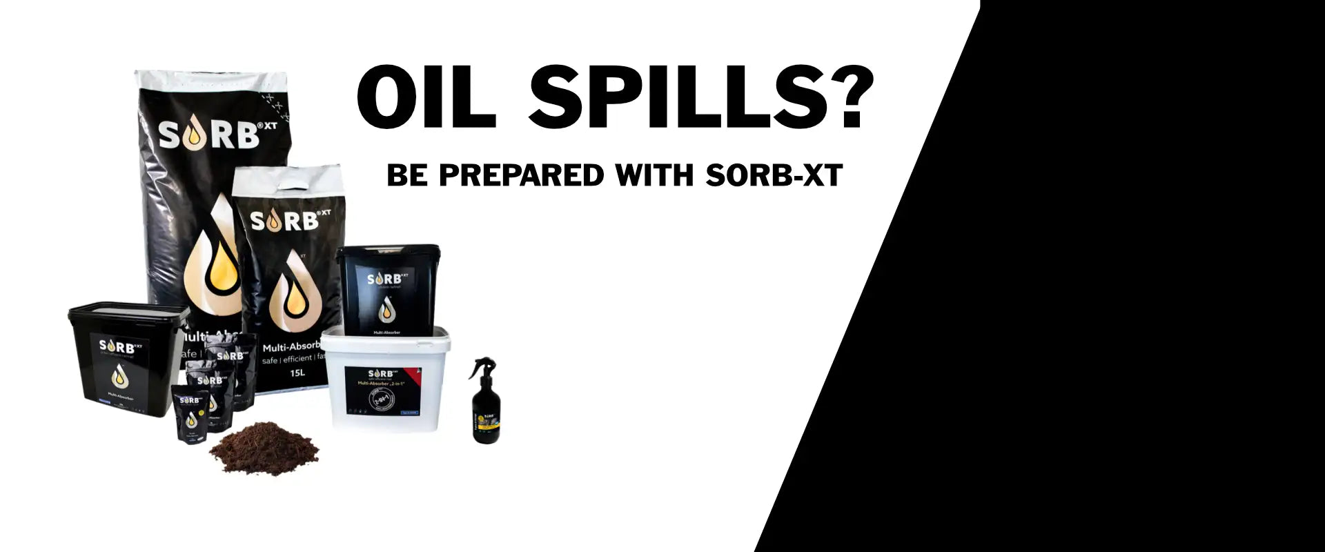 Black sorb-xt oil spill absorbent product packaging with gold droplet logo and text on white background