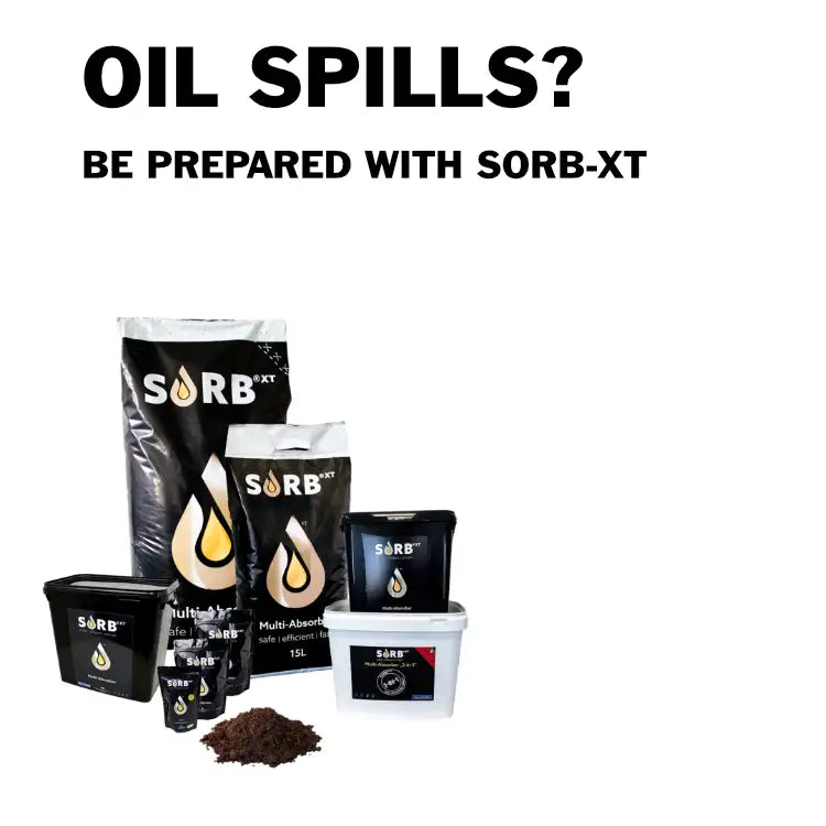 Black and white sorb-xt multi-absorbent spill cleanup kits in various container sizes, including a 15l bucket.