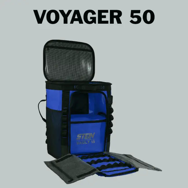 Blue and black stein vault 45 voyager 50 backpack with mesh lining and organized compartments.