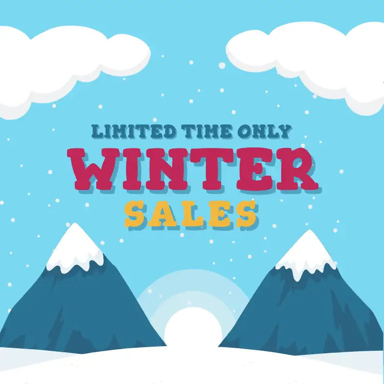 Blue and white snow-capped mountain illustration with a winter sales promotion overlay