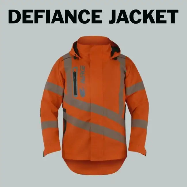 Bright orange high-visibility defiance jacket with reflective gray stripes and a black logo on the chest.