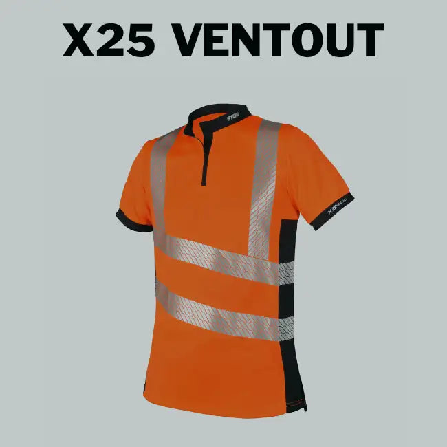 Bright orange high-visibility polo shirt with silver reflective stripes and black trim.