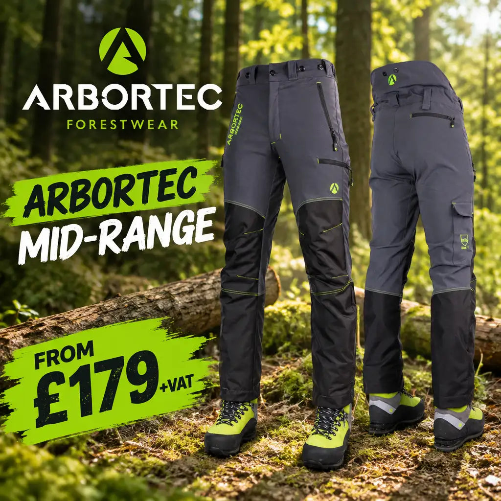 Dark gray and black arbortec mid-range forest work pants with neon green accents.