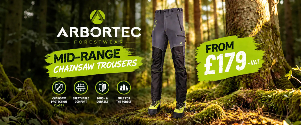 Dark grey and black arbortec mid-range chainsaw trousers with reinforced knee panels, designed for forest work.
