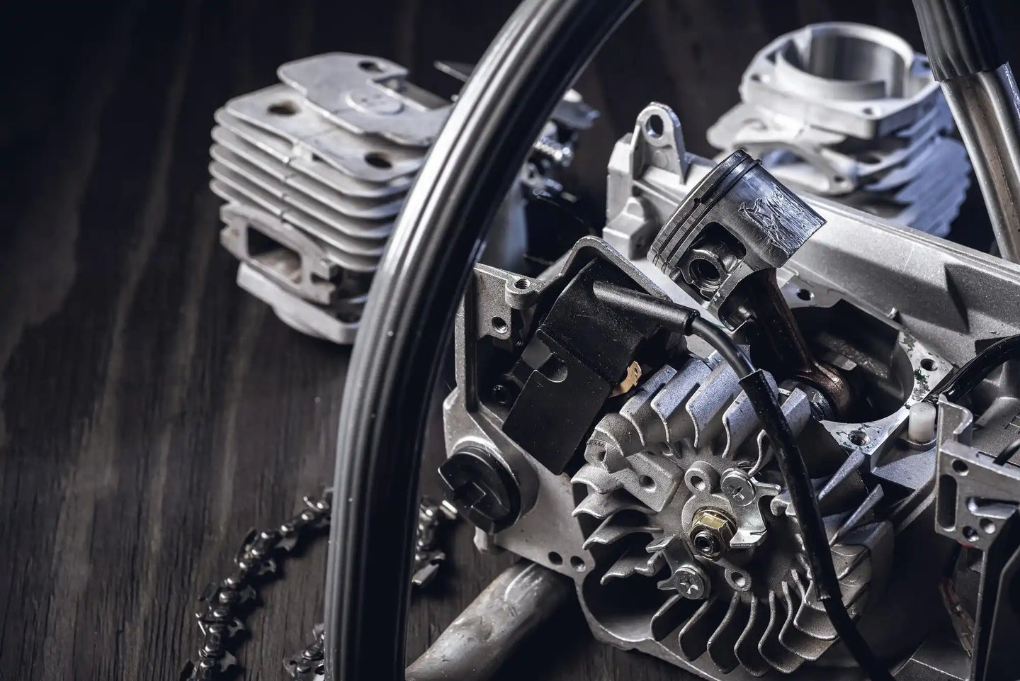 Disassembled chainsaw engine components.
