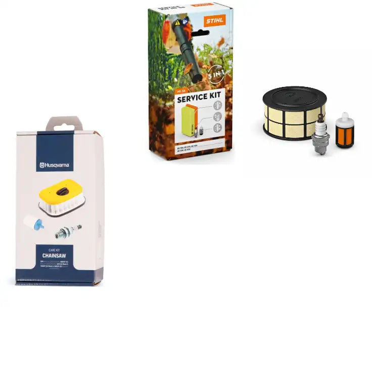 Husqvarna branded chainsaw care kit in white and blue packaging featuring a yellow air filter, spark plug, and other maintenance components.