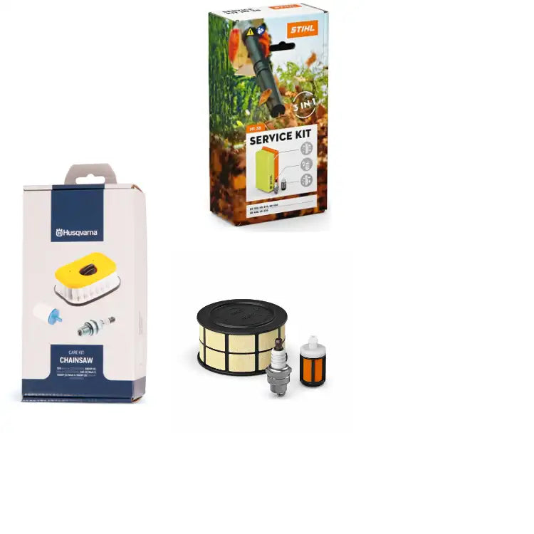 Husqvarna branded chainsaw care kit featuring a yellow air filter, blue spark plug, and white fuel filter in its packaging.