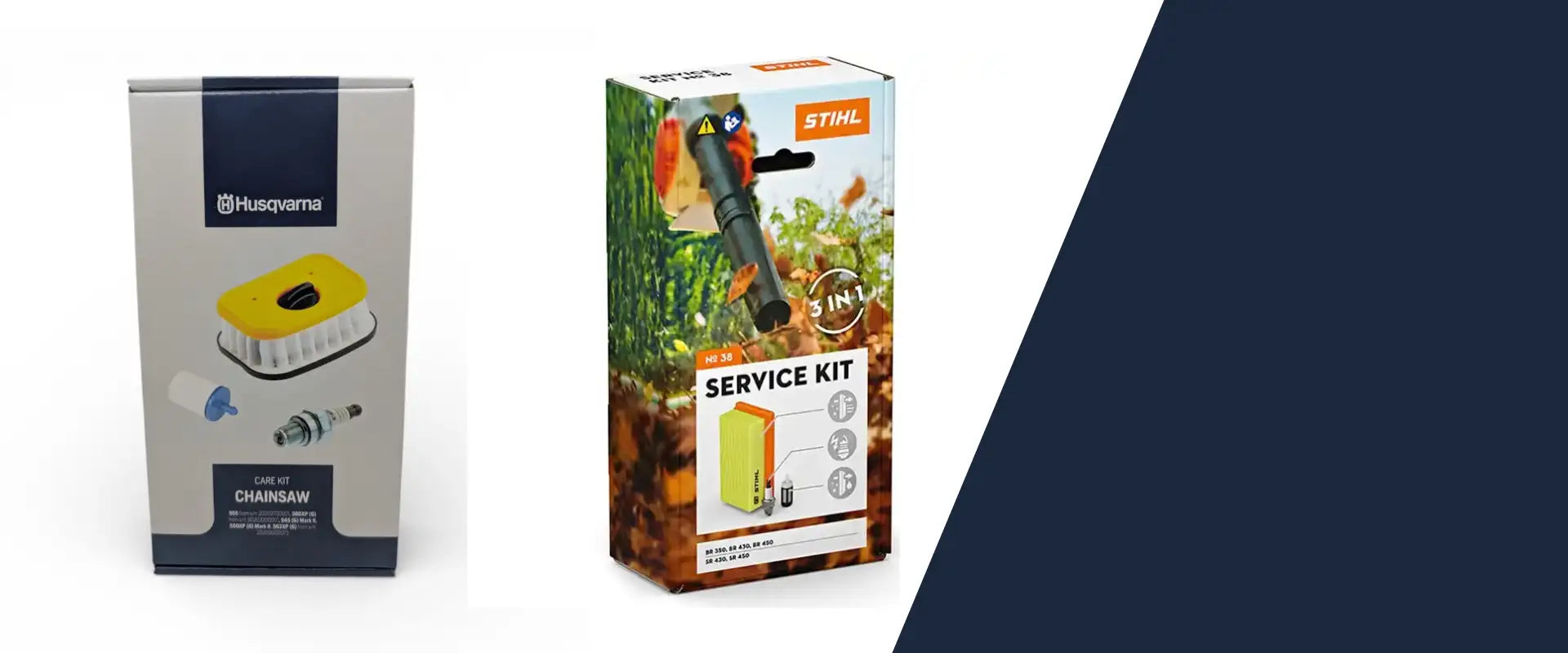 Husqvarna chainsaw care kit in a sleek silver and navy box, featuring yellow brush and white components.