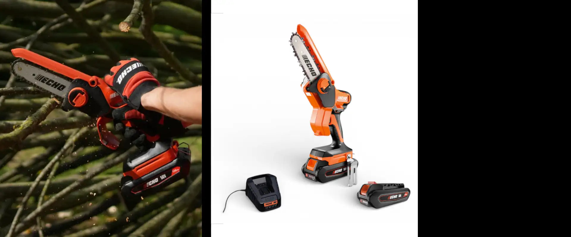 Orange and black echo brand cordless chainsaw with a foldable design, featuring a compact body for handheld use.