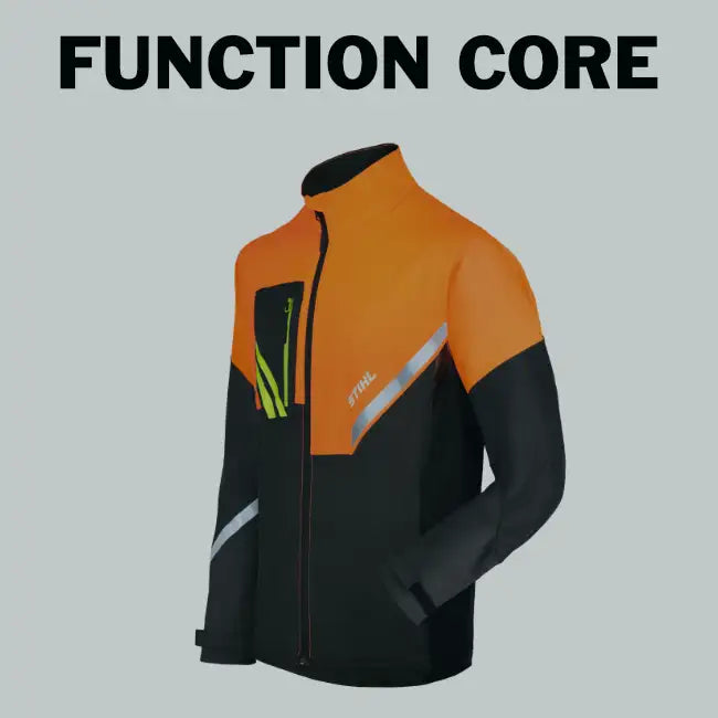 Orange and black stihl function core work jacket with reflective stripes