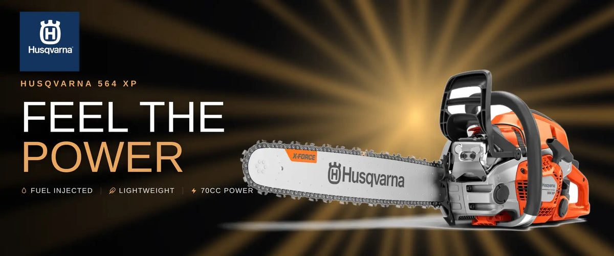 Orange and silver husqvarna 564 xp chainsaw with a black handle and chain guard.