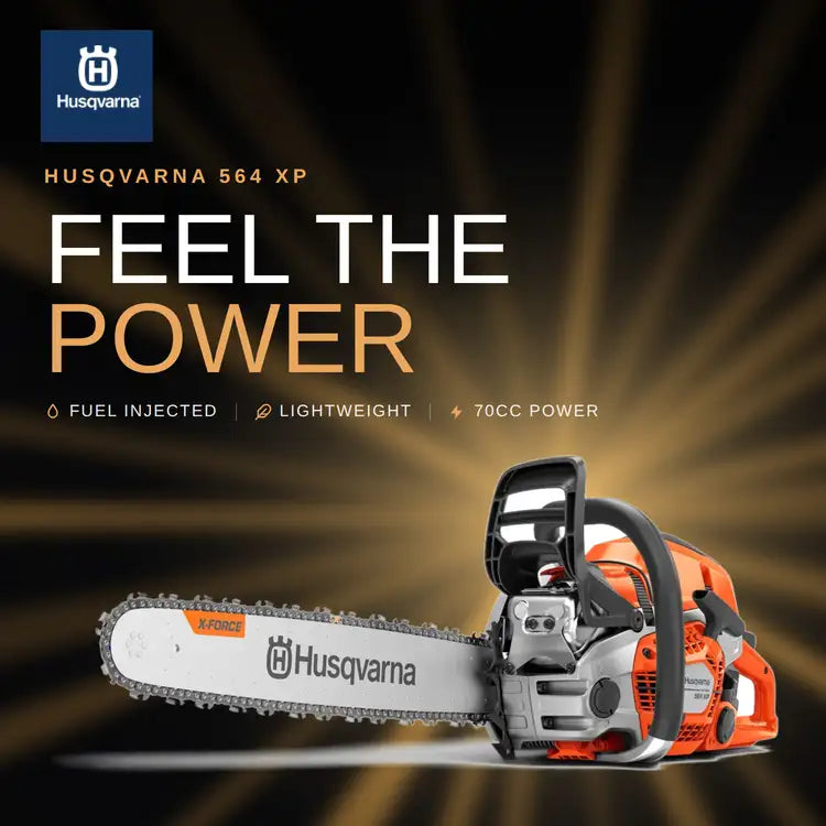 Orange and silver husqvarna 564 xp chainsaw with a black handle and an x-force chain.