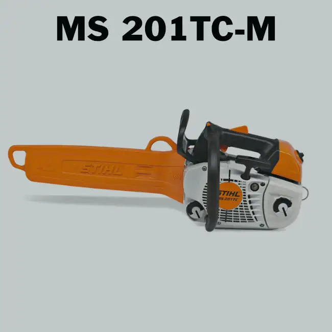 Orange and silver stihl ms 201tc-m chainsaw with black handle grips.