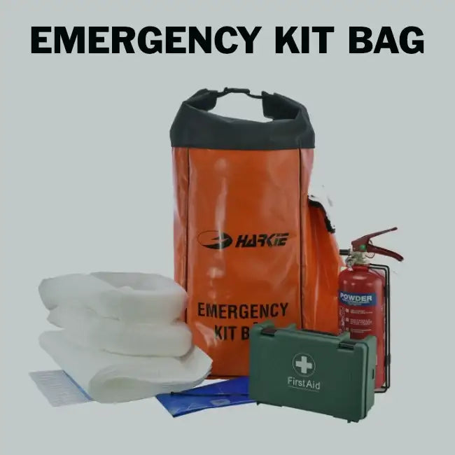 Orange waterproof emergency kit bag with black roll-top closure and ’harke’ branding