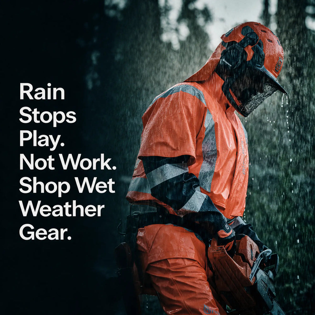 Orange waterproof work suit with reflective stripes and a matching helmet