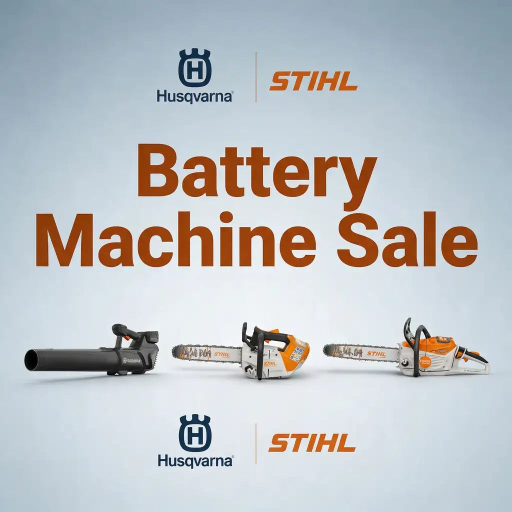 Orange and white battery-powered chainsaws with black handles and visible chain guards.