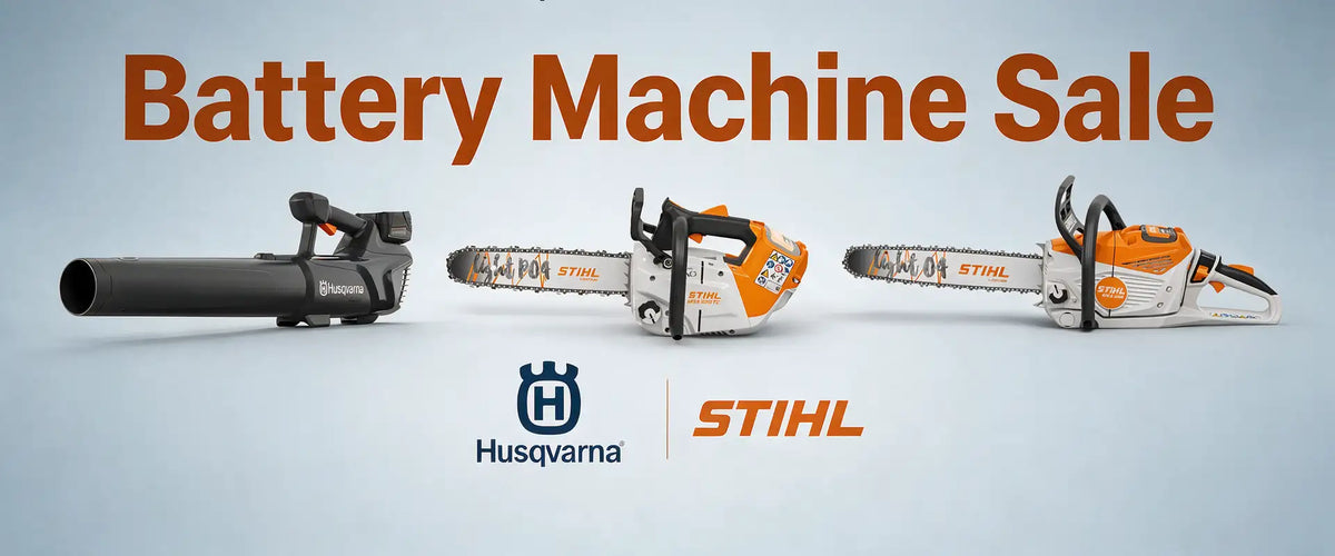 Orange and white stihl chainsaw with black handle and silver blade.