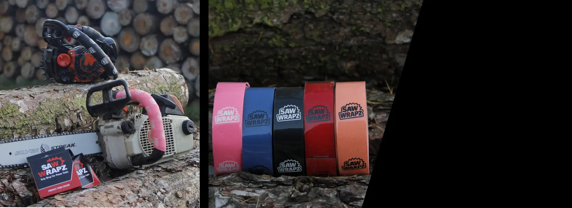 Pink, blue, black, red, and orange saw wrapz protective bands for chainsaws.