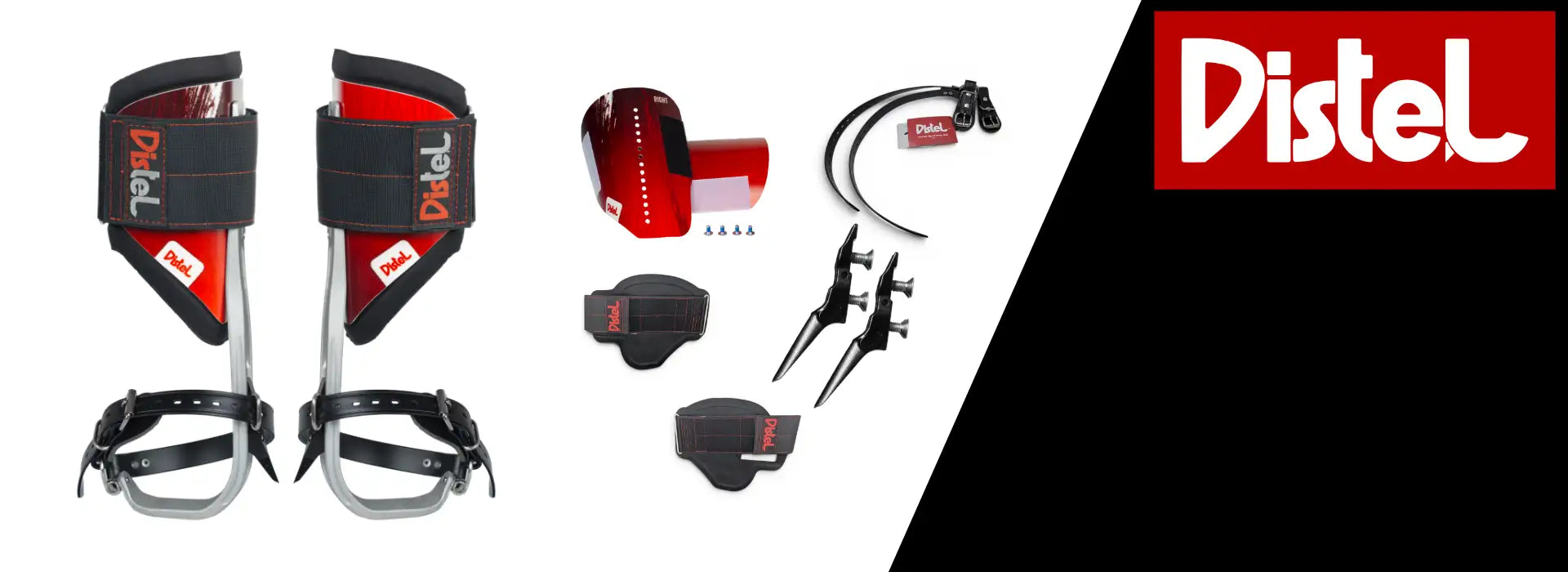 Red and black distel climbing crampons with silver metal frames.