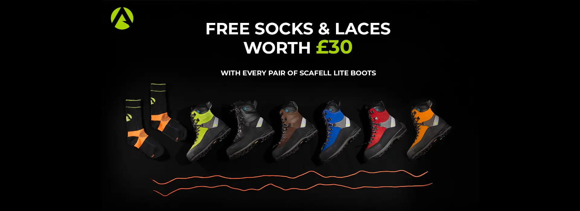 A row of colorful scafell lite boots in black, neon green, brown, blue, red, and orange with contrasting laces.