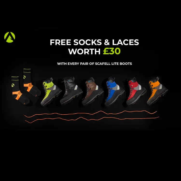 A row of scafell lite boots in various vibrant colors including neon green, black with orange accents, brown, blue, red, and orange, each featuring a rugged outdoor design.