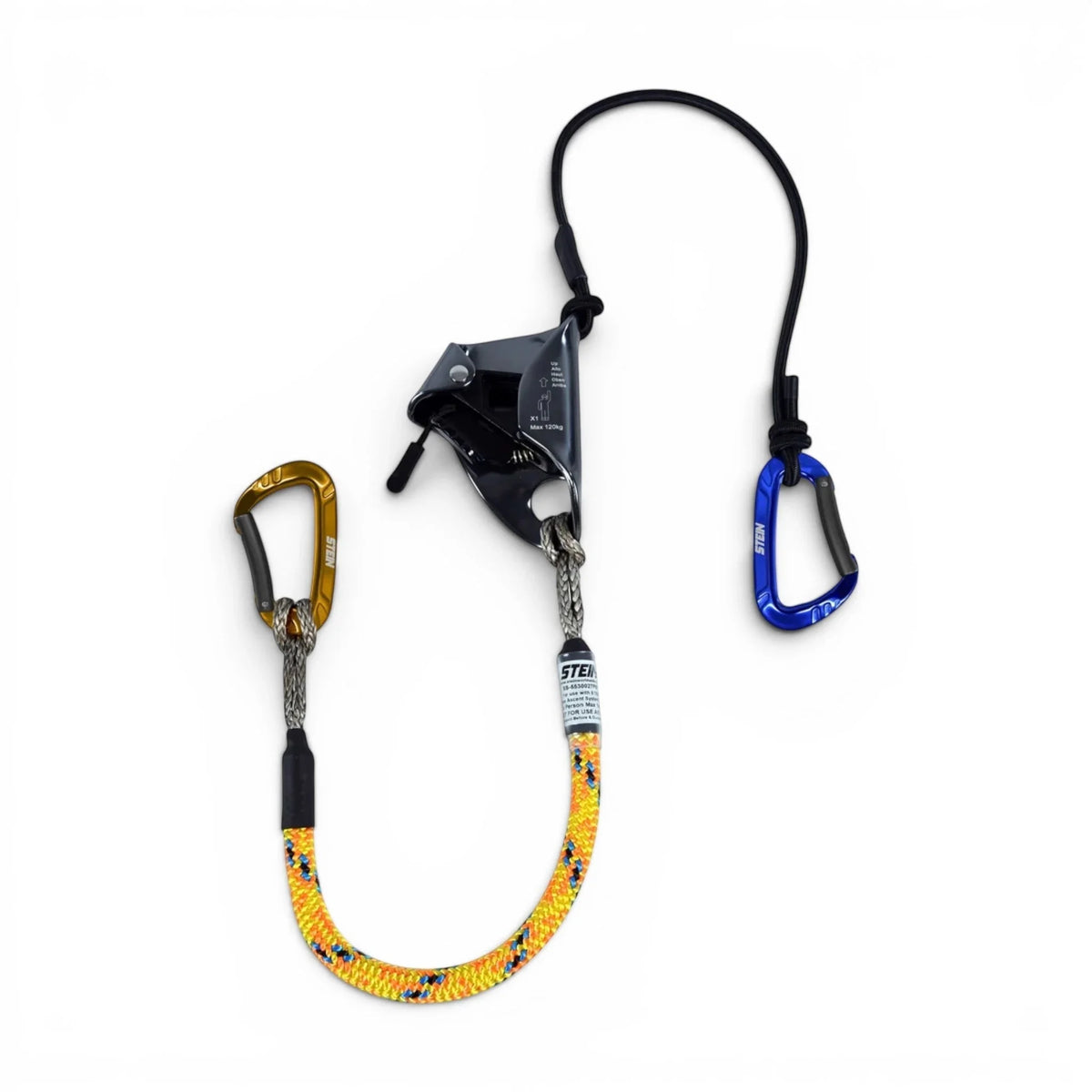 Skyland Equipment Ltd STEIN Ascentra knee ascender kit with rope clamp, bungee cord, and blue and gold carabiners.