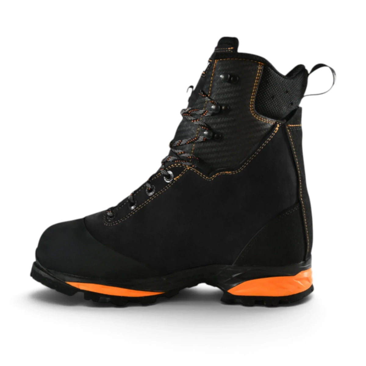 STEIN Defender V2 chainsaw boot – side profile showing rubber rand toe and heel protection
