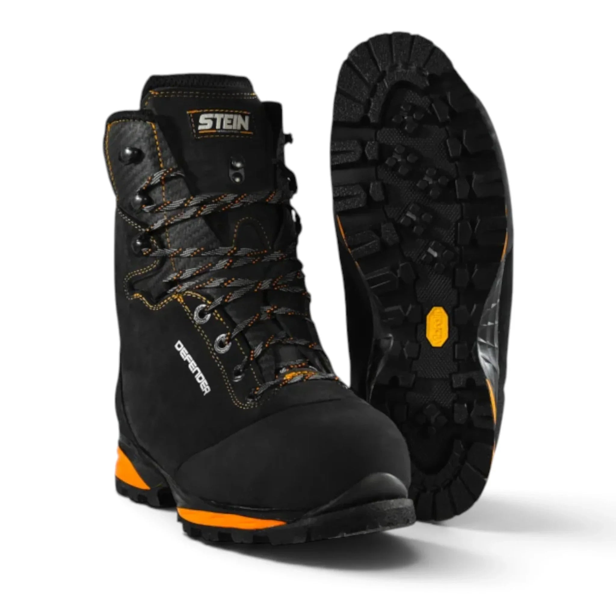 STEIN Defender V2 chainsaw boot – front view showing steel toe cap and Vibram® TETON sole