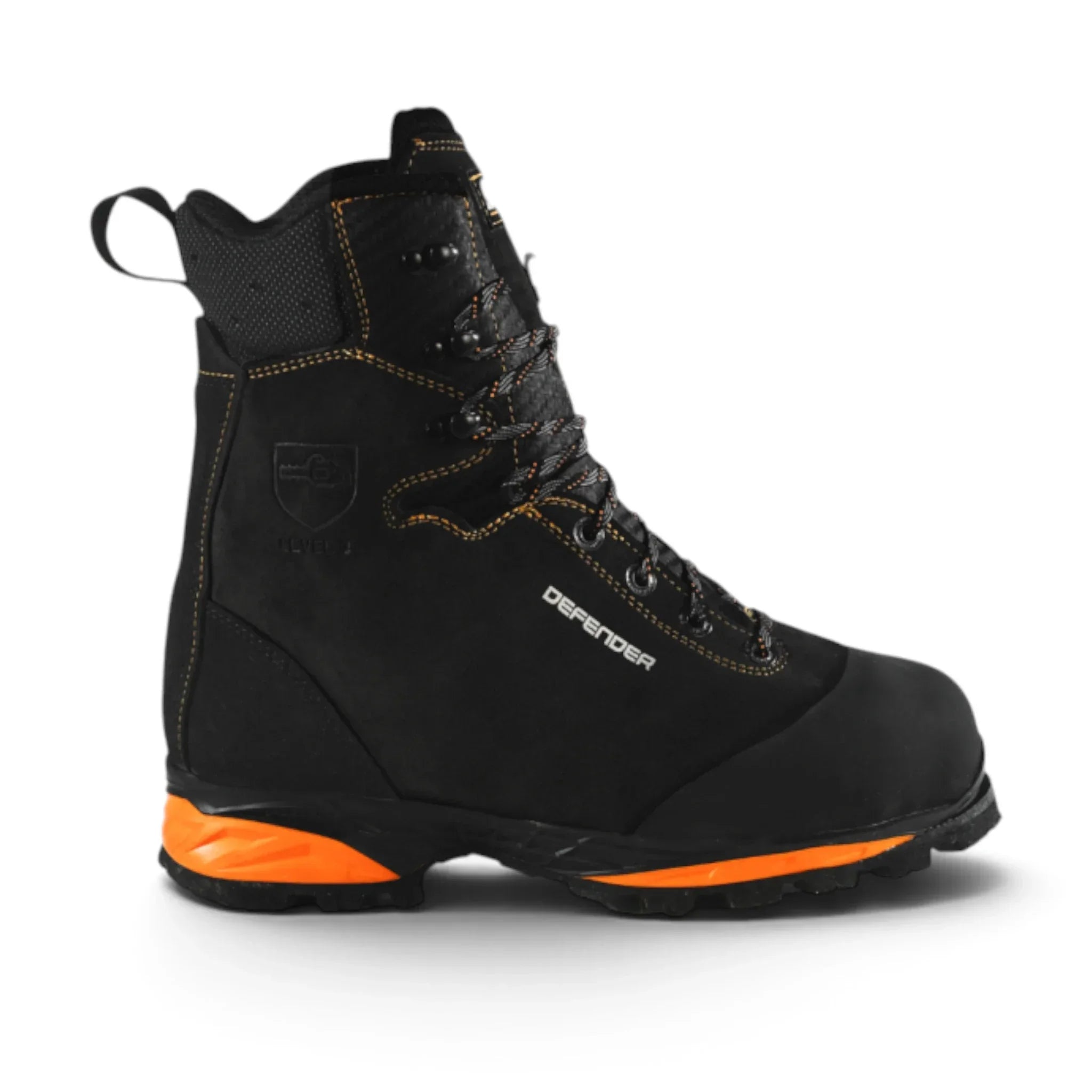 STEIN Defender V2 Class 2 chainsaw boot – black, front view showing Perwanger® leather upper

