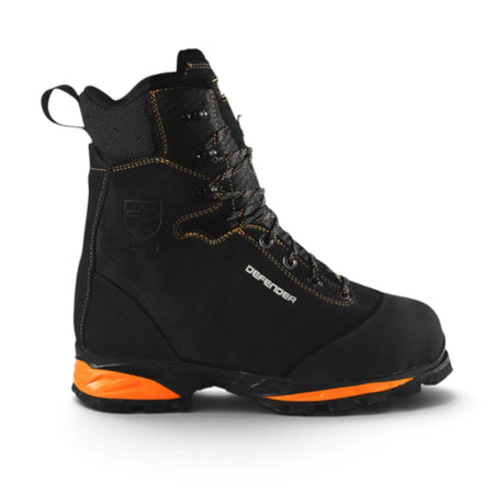 STEIN Defender V2 Class 2 chainsaw boot – black, front view showing Perwanger® leather upper
