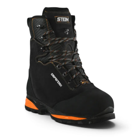 STEIN Defender V2 chainsaw boot – three-quarter view highlighting ankle support and waterproof membrane
