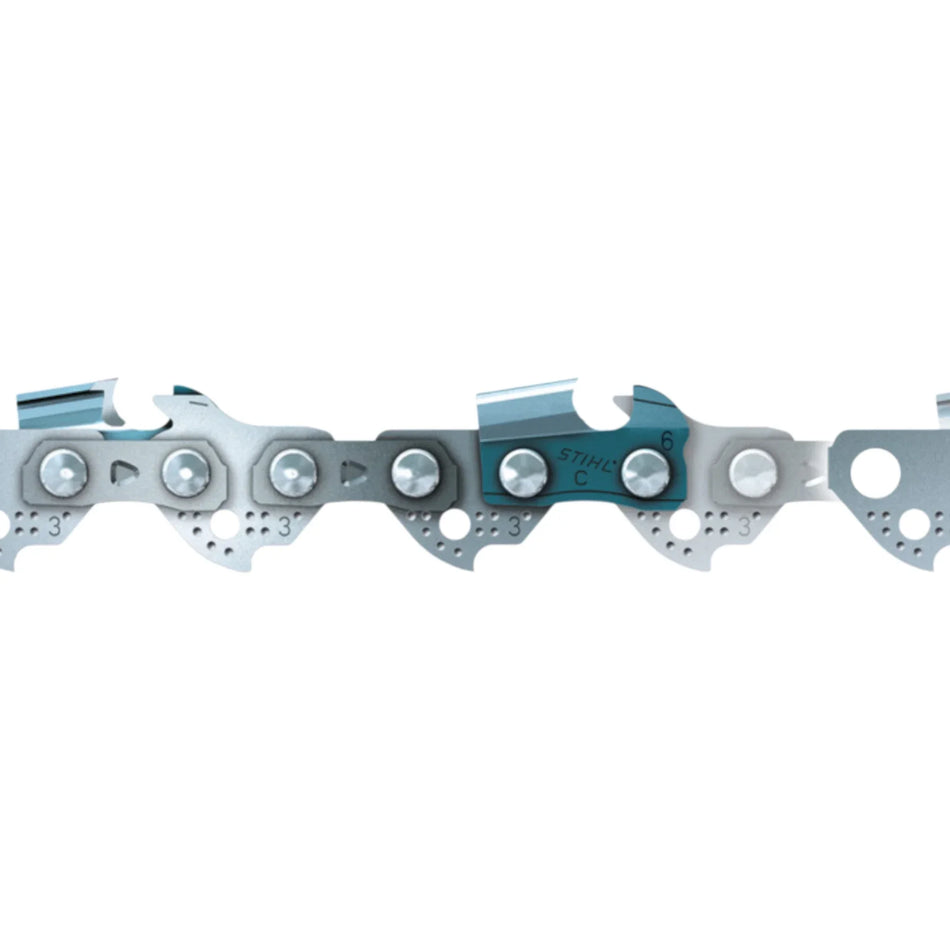 A close-up of a STIHL chainsaw chain showing the metal links, rivets, and the STIHL logo on a teal-colored section, set against a plain white background.