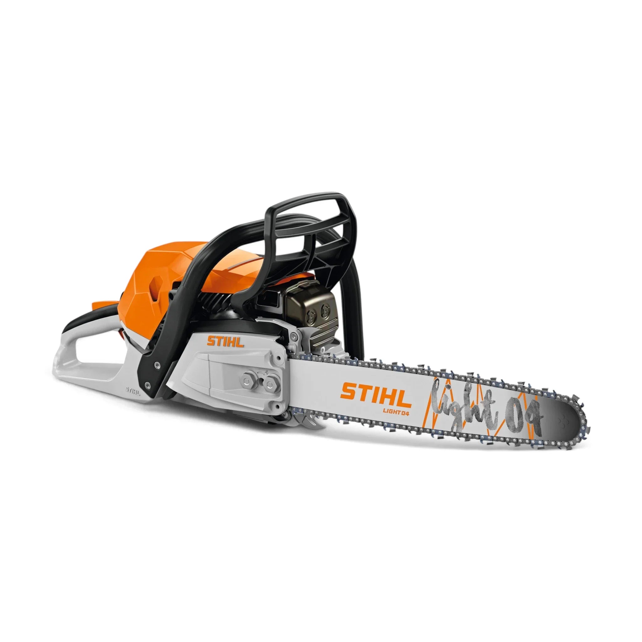 A STIHL chainsaw with a bright orange and silver body, black handlebars, and a silver guide bar with orange branding, shown on a clean white background.