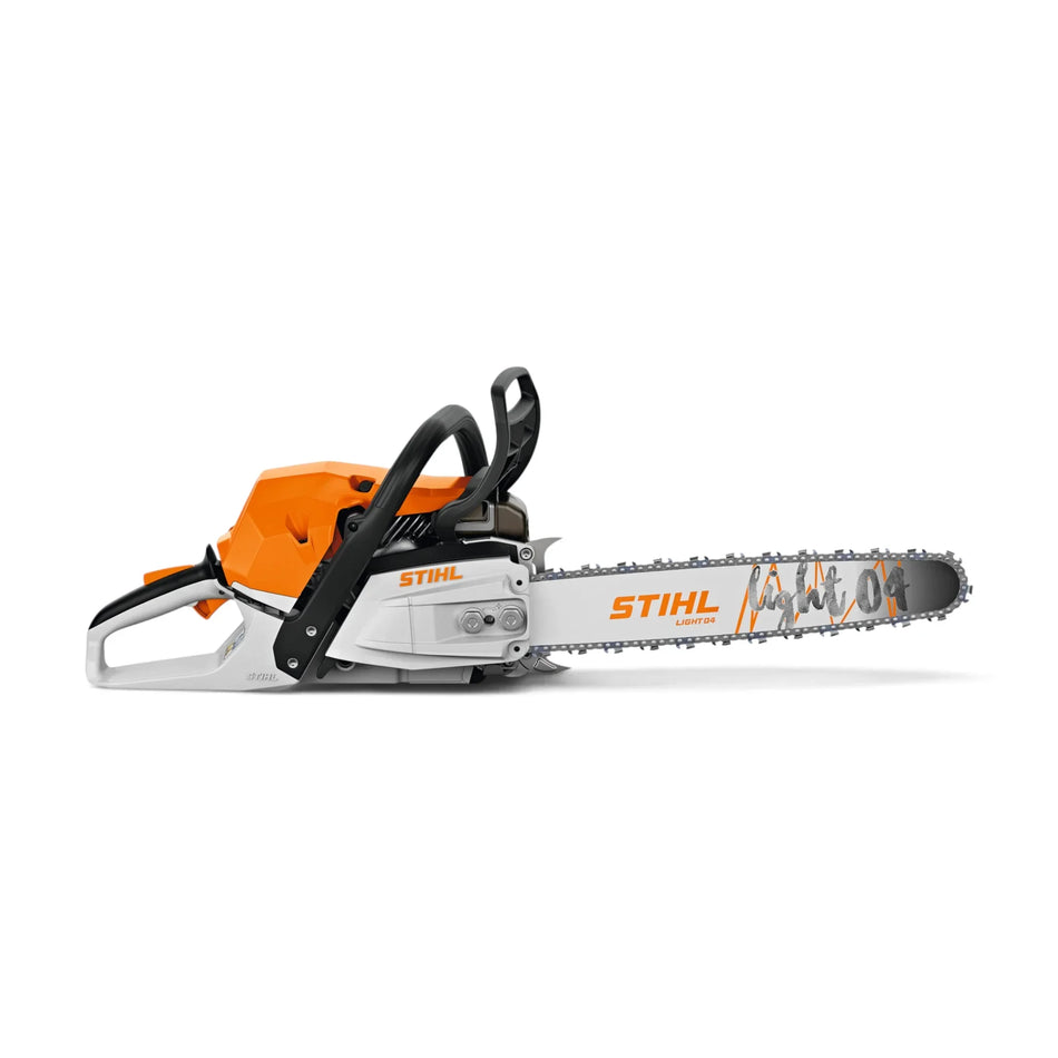 A STIHL chainsaw with a bright orange and silver body, black handle, and a silver guide bar featuring orange STIHL branding, shown against a plain white background.