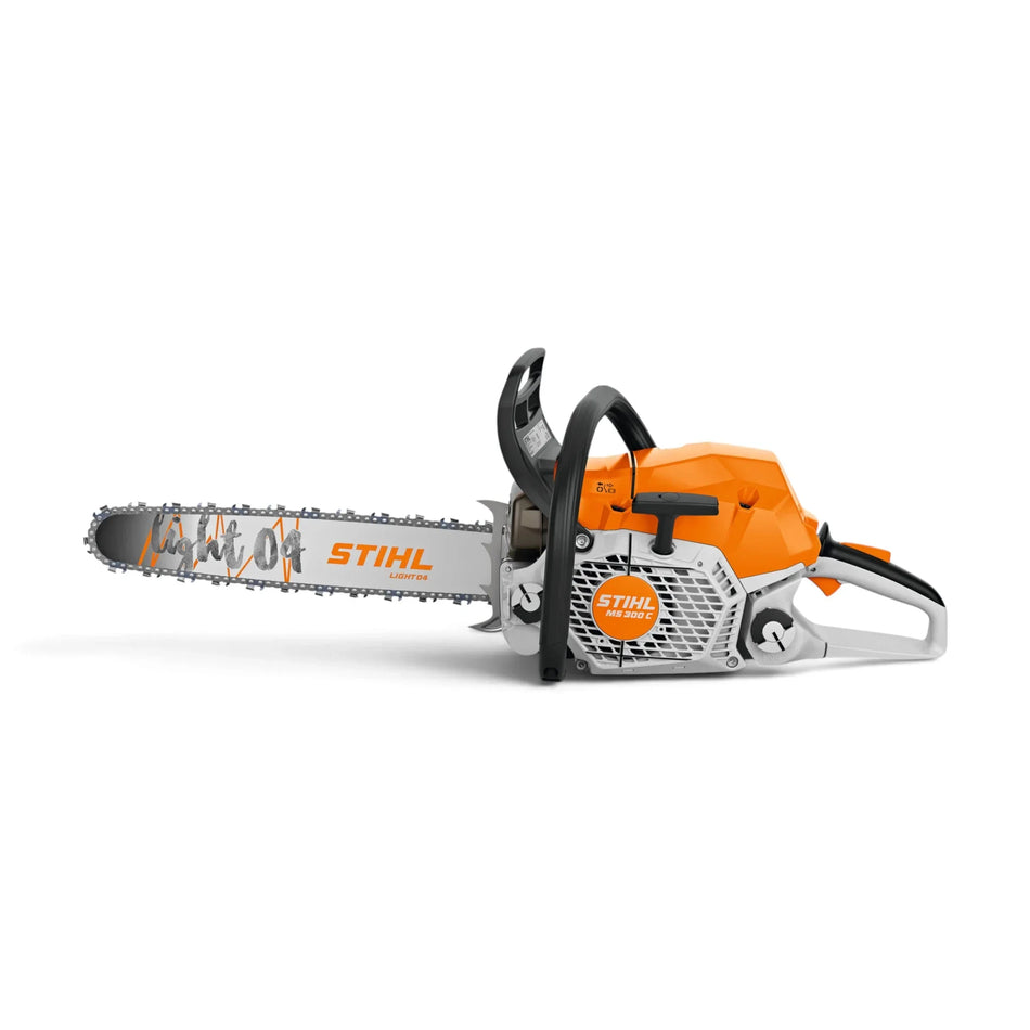 A STIHL MS 300 chainsaw with a bright orange and silver engine housing