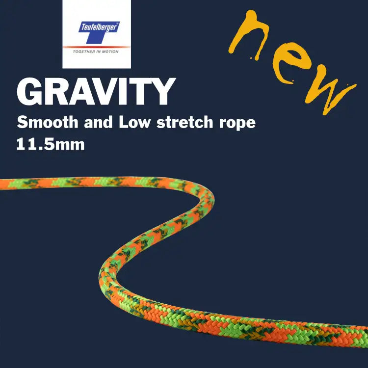 Teufelberger gravity 11.5mm smooth and low stretch rope with a vibrant orange, green, and black patterned braided design.