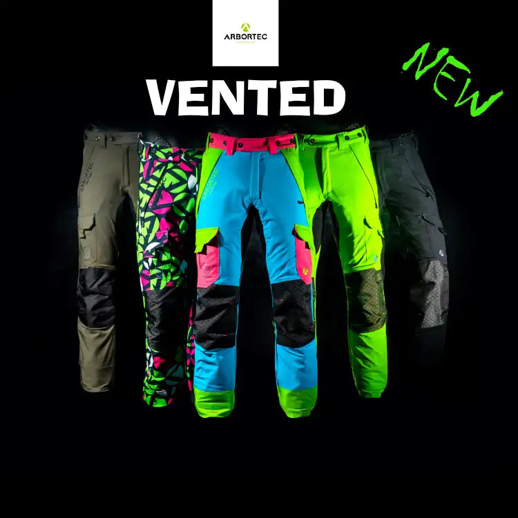 Vented arbortec work pants in bold, high-visibility colors and patterns with reinforced knee panels.