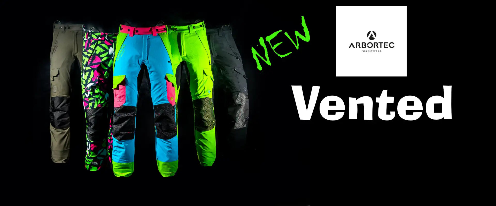 Vibrant, neon-colored work pants with bold geometric patterns and reinforced black knee panels.