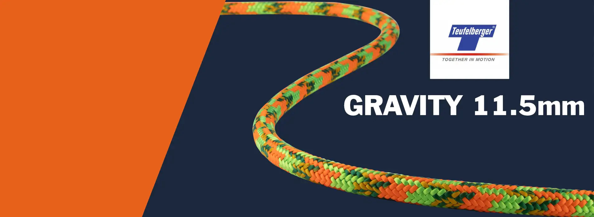A vibrant orange and green braided climbing rope with a textured, multi-colored pattern.