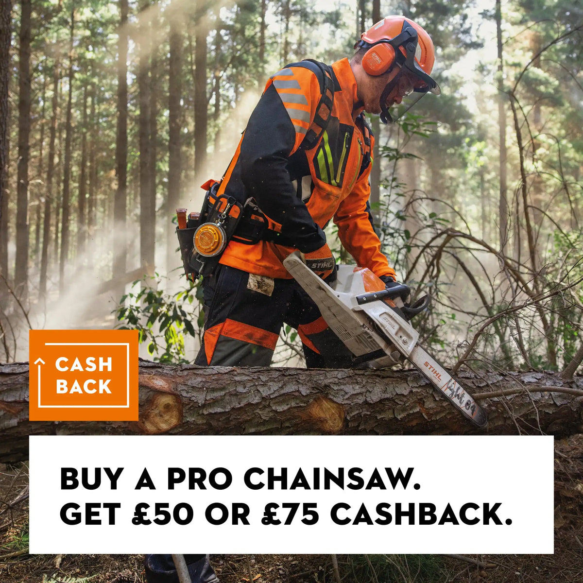 White and black stihl chainsaw with a visible chain, being operated by a worker in an orange safety vest.
