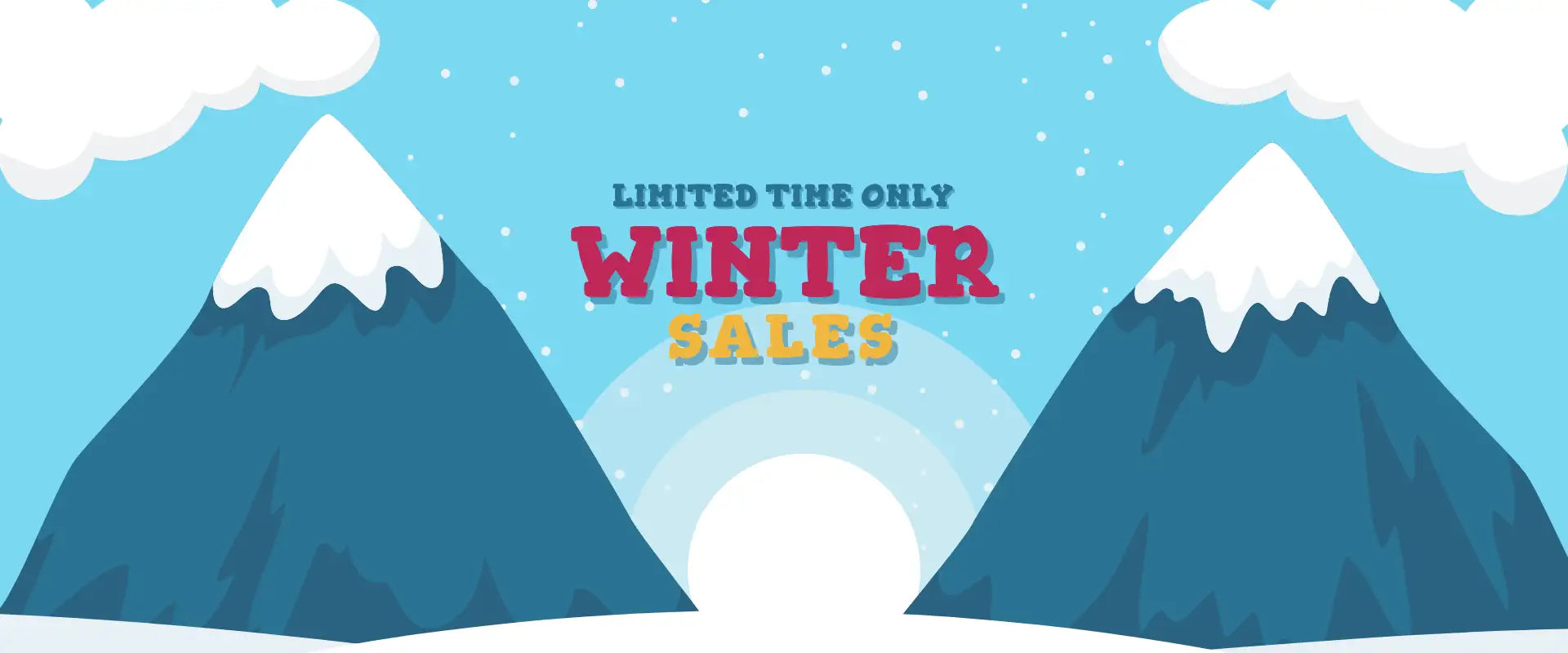Winter sales banner with bold red and yellow text against a snowy mountain backdrop.
